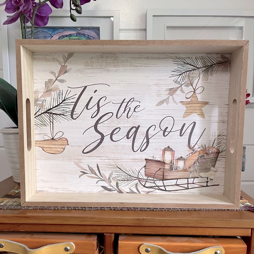 Wooden Decorative Tray with “Tis the Season” font, sleigh, great condition
